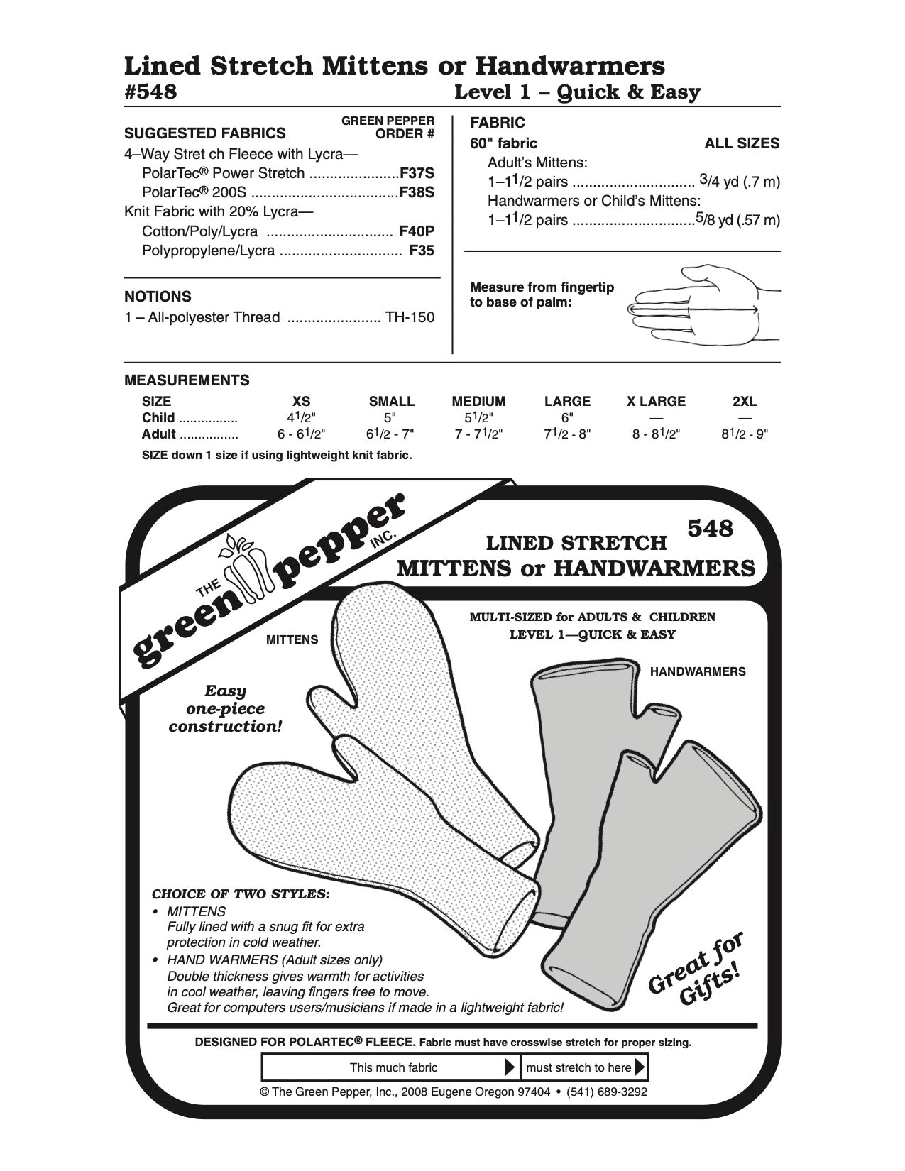 Lined Stretch Mittens or Handwarmers Pattern - 548 - The Green Pepper Patterns - Simplifi Fabric