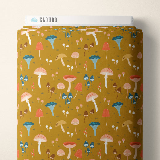 Magic Mushroom - Gold - Woodland Creatures - Dominika Godette - Cloud 9 Fabrics - Poplin - Simplifi Fabric