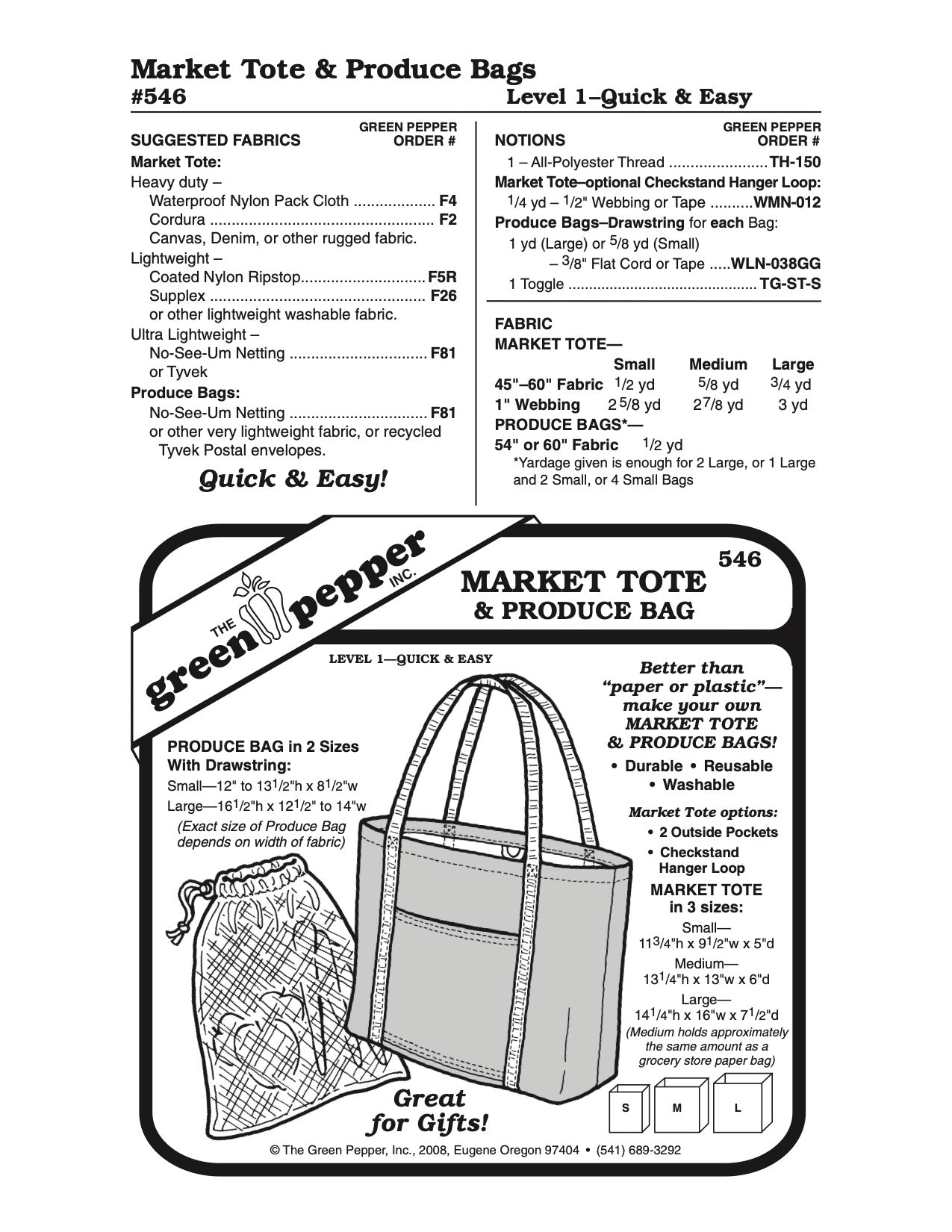 Market Tote & Produce Bag Pattern - 546 - The Green Pepper Patterns - Simplifi Fabric