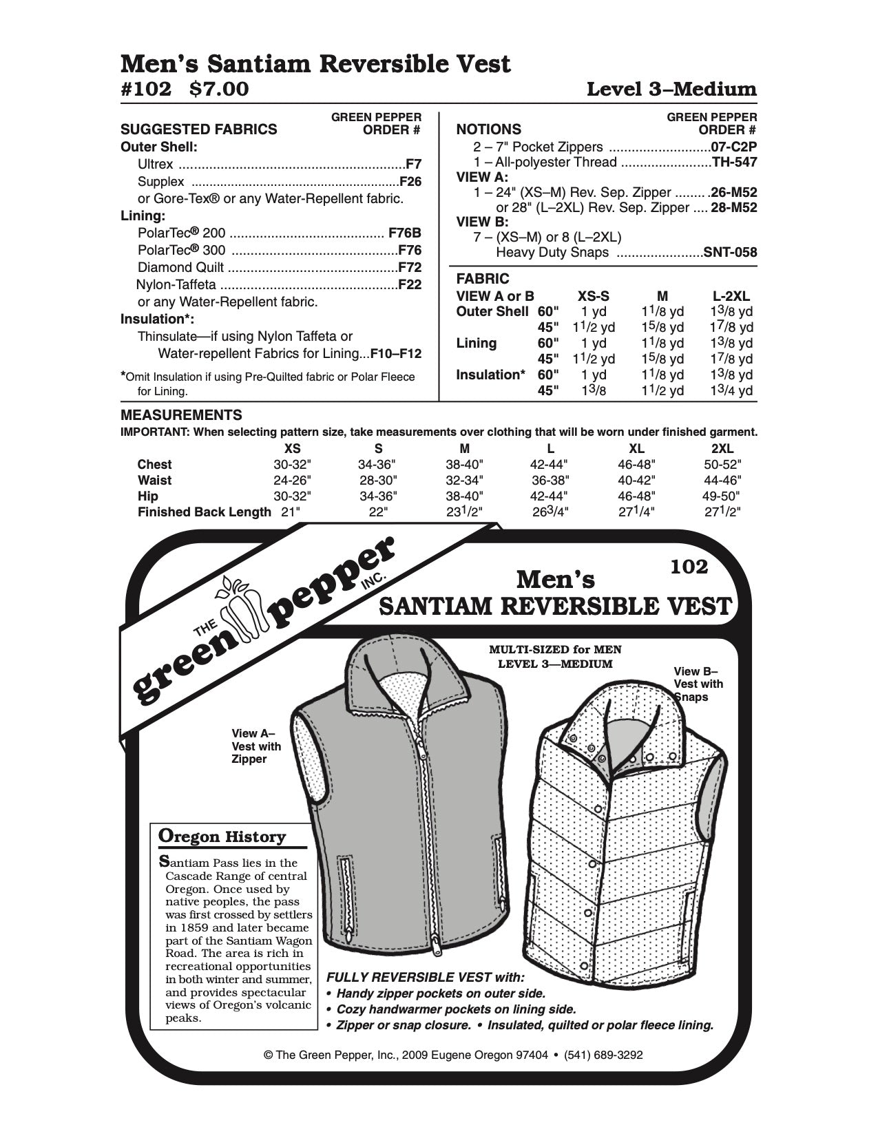 Men’s Santiam Reversible Vest Pattern - 102 - The Green Pepper Patterns - Simplifi Fabric