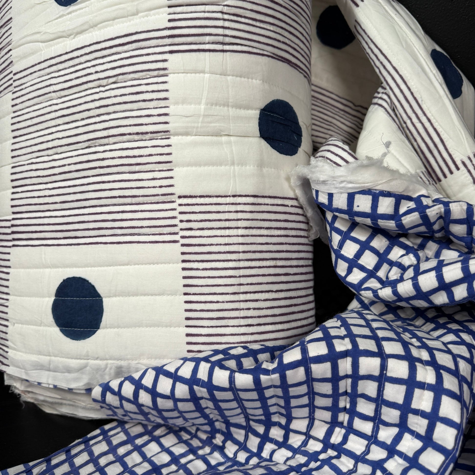 Minimalist Dot Block + Blue Lattice - Quilted Bagru Indian Cotton Block Print (Reversible) - Simplifi Fabric