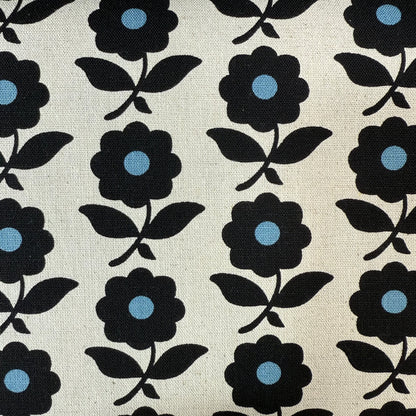 Flowers Cotton-Linen Canvas - Japanese Import - Natural/Dusty Blue/Black