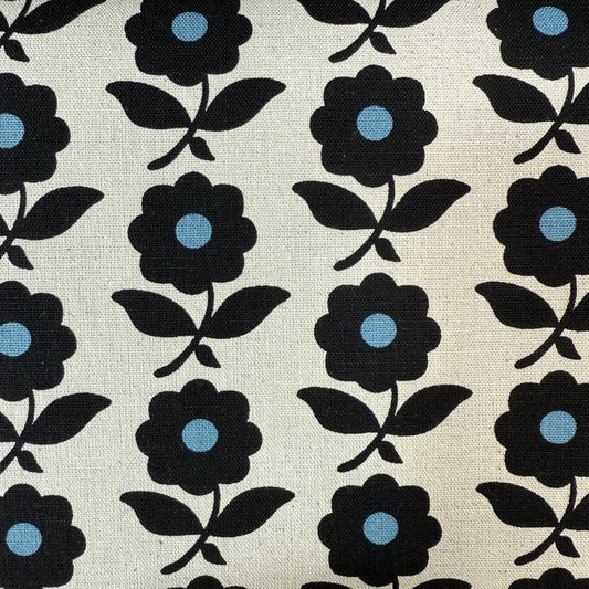 Flowers Cotton-Linen Canvas - Japanese Import - Natural/Dusty Blue/Black