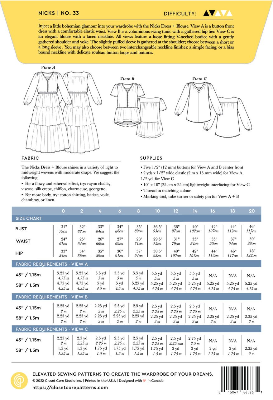 Nicks Dress + Blouse Pattern (0 - 20) - Closet Core Patterns - Simplifi Fabric