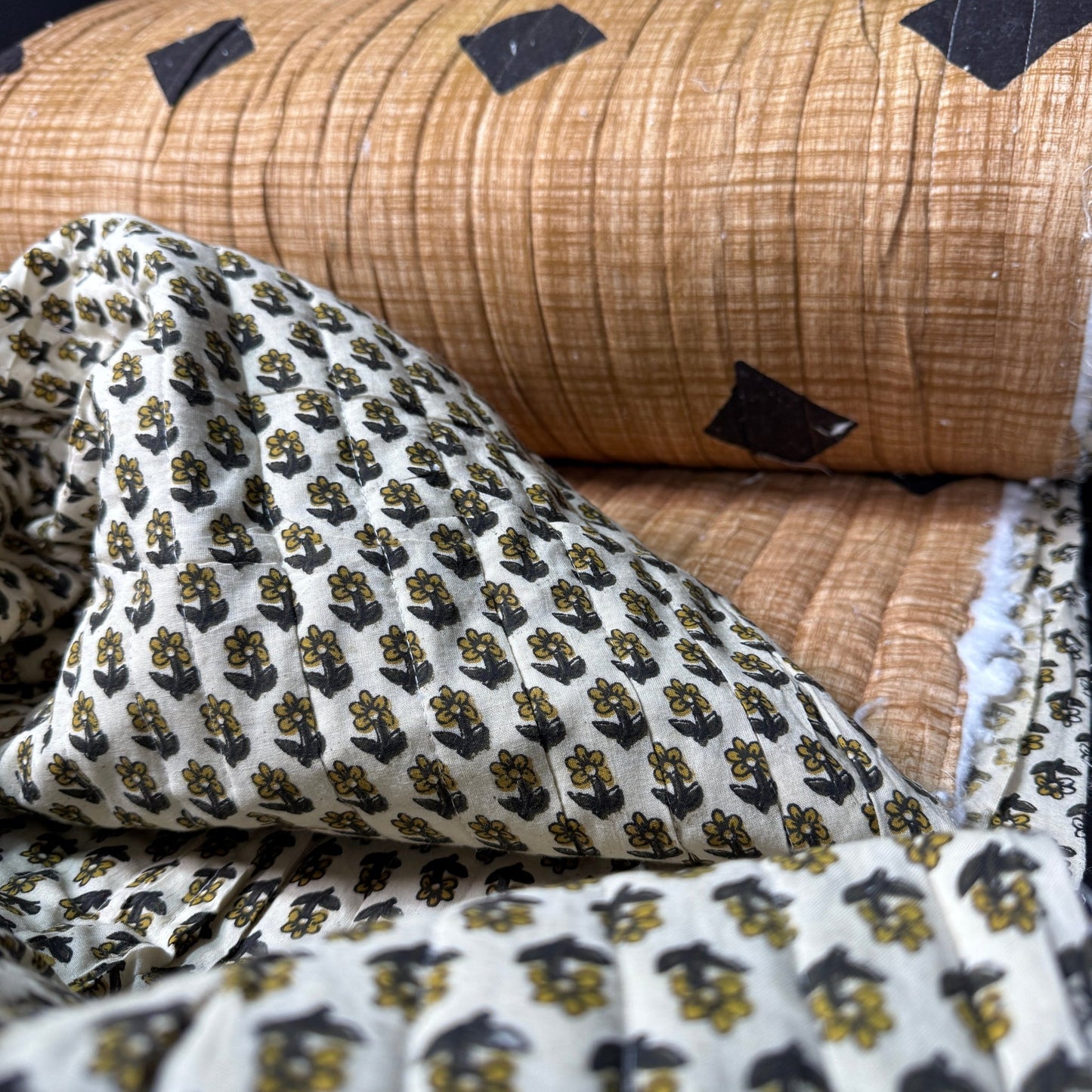 Nomad Diamond + Tiny Folk Flower - Quilted Bagru Indian Cotton Block Print (Reversible) - Simplifi Fabric