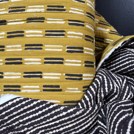 Ochre Code + Zigwave Stripe - Quilted Bagru Indian Cotton Block Print (Reversible) - Simplifi Fabric