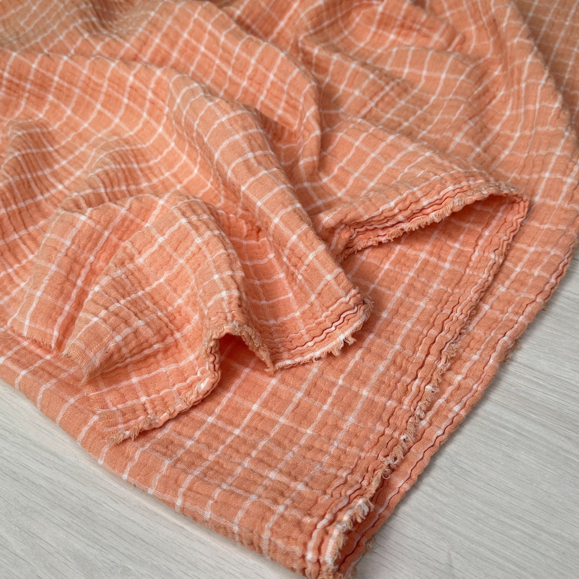 Organic Cotton Yarn Dyed Double Gauze - Check - Apricot/White - Simplifi Fabric