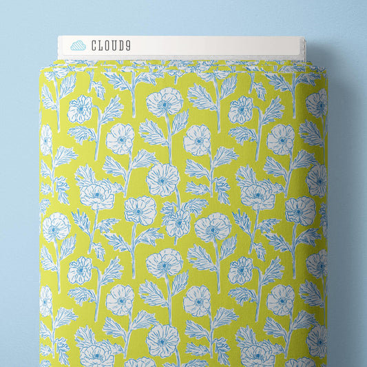 Painted Poppies - Lime/Blue - Nice Nice - Emily Taylor - Cloud 9 Fabrics - Poplin - Simplifi Fabric