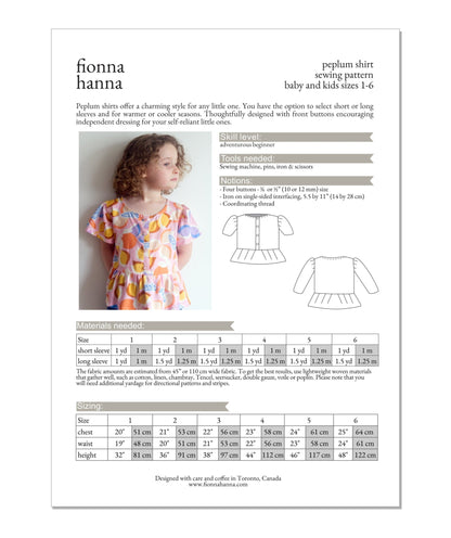 Peplum Shirt Childrens Sewing Pattern - Fiona Hanna - Simplifi Fabric