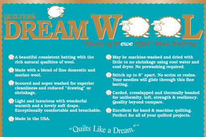 Quilters Dream Wool Batting 121" - Made in USA - Sold Per Half Meter - Simplifi Fabric