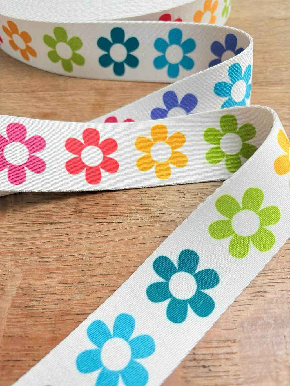 Rainbow Flowers Webbing - Two Stitches Patterns - 38mm/ 1.5" (sold by the meter) - Simplifi Fabric
