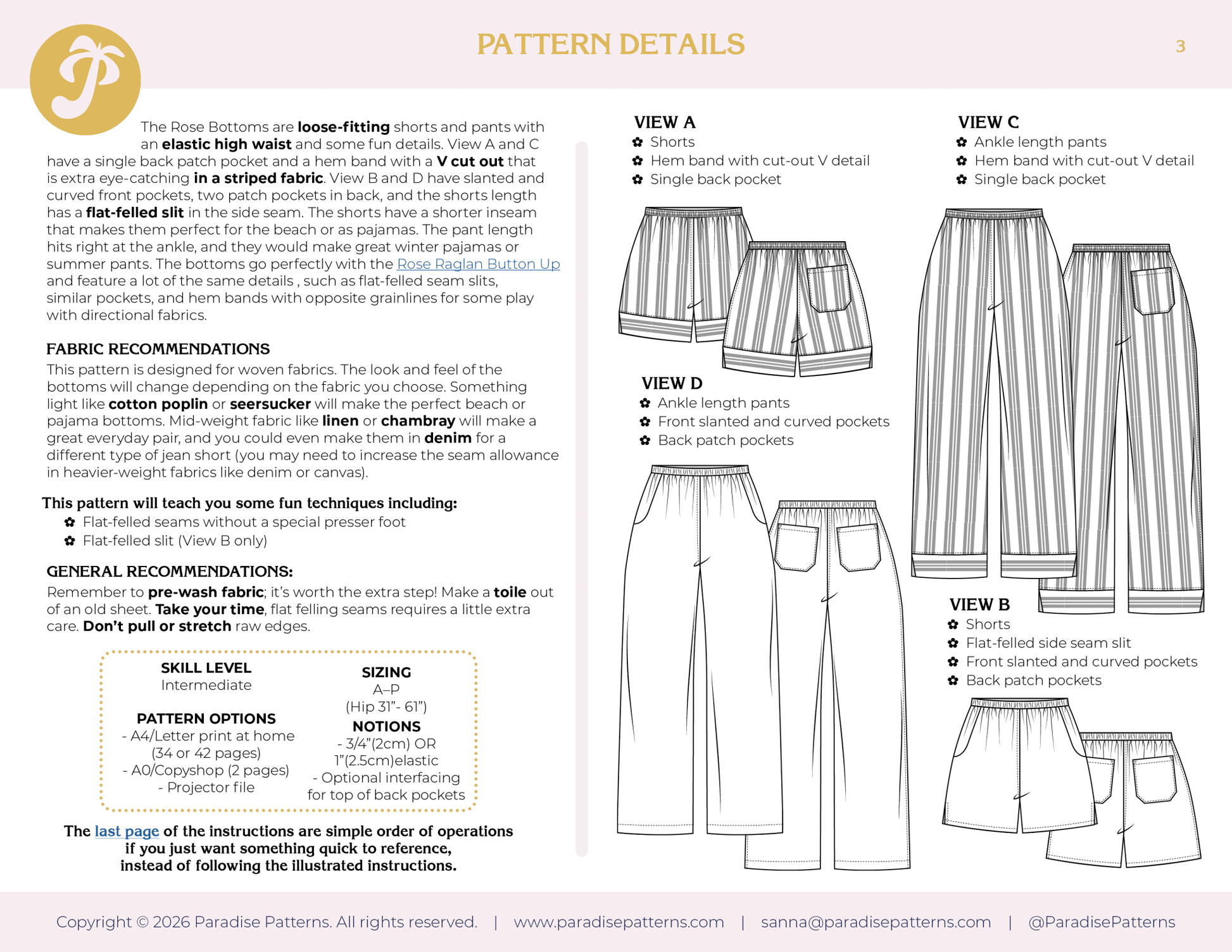 Rose Bottoms PDF Pattern - Paradise Patterns - Simplifi Fabric