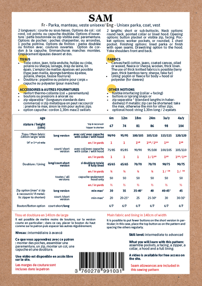 Sam Parka & Jacket Sewing Pattern - Baby Unisex 6m - 4Y - Ikatee - Simplifi Fabric