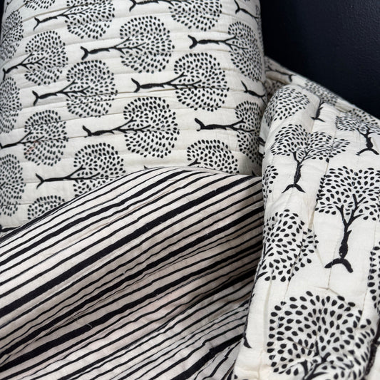 Tiny Orchard + Shadow Stripe - Quilted Bagru Indian Cotton Block Print (Reversible) - Simplifi Fabric