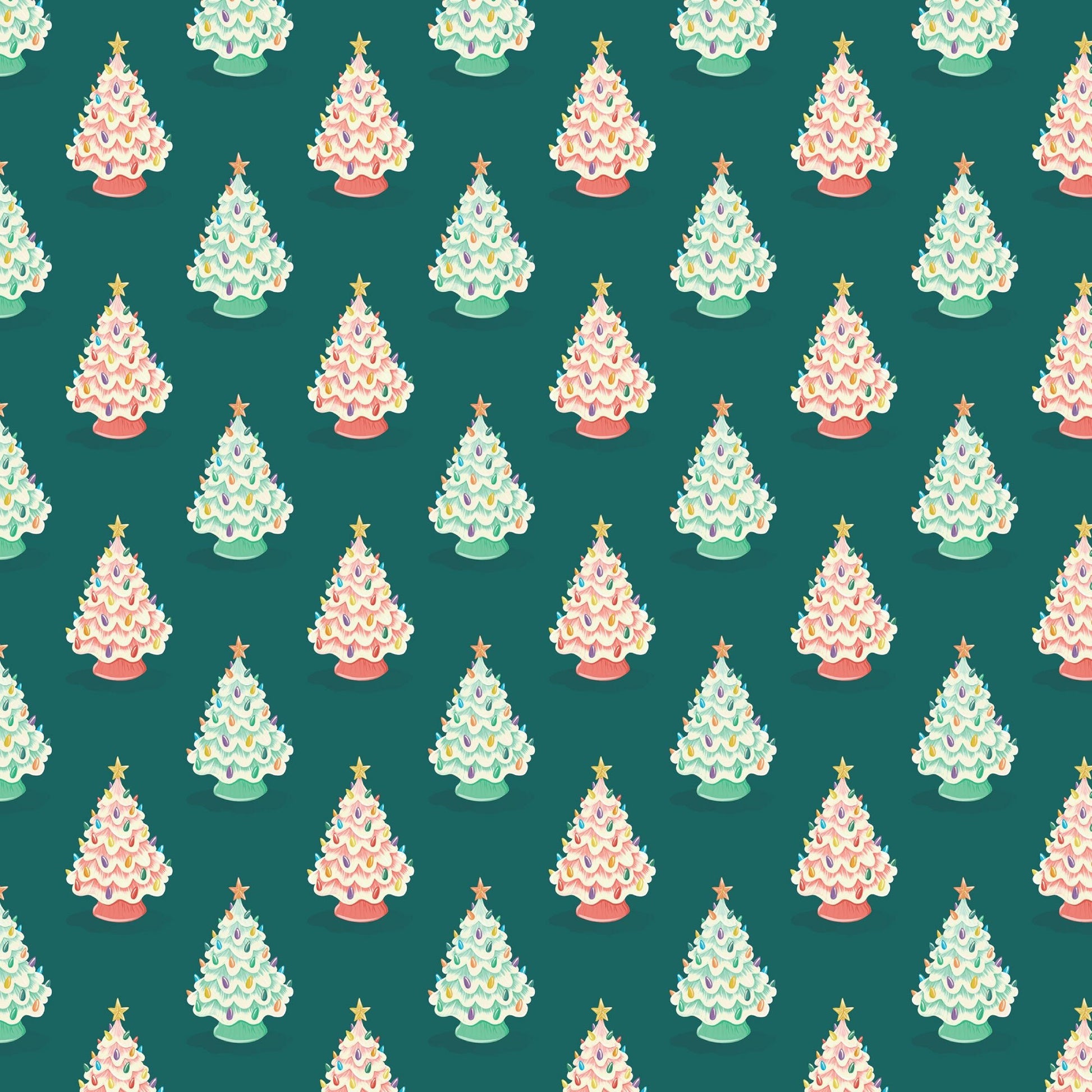 Vintage Ceramic Trees - Bright Holiday - Charla Pettingill - Cloud 9 Fabrics - Poplin - Simplifi Fabric