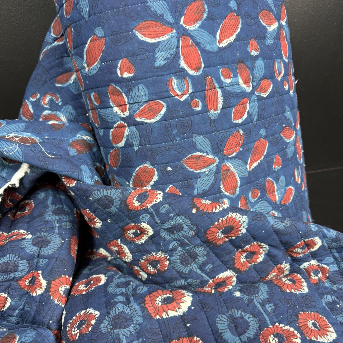 Vintage Indigo Flora + Indigo Sunburst - Quilted Bagru Indian Cotton Block Print (Reversible) - Simplifi Fabric