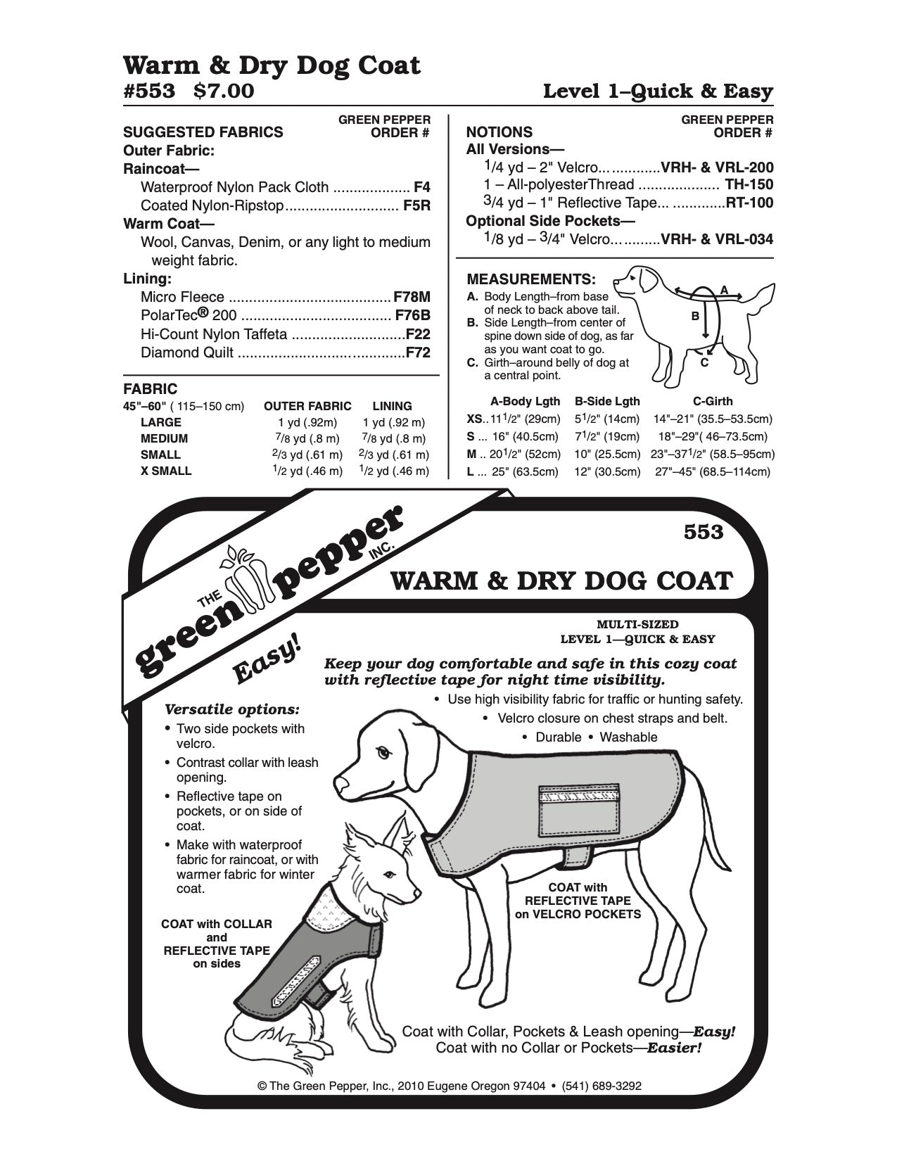 Warm & Dry Dog Coat PDF Pattern - 553 - The Green Pepper Patterns - Simplifi Fabric