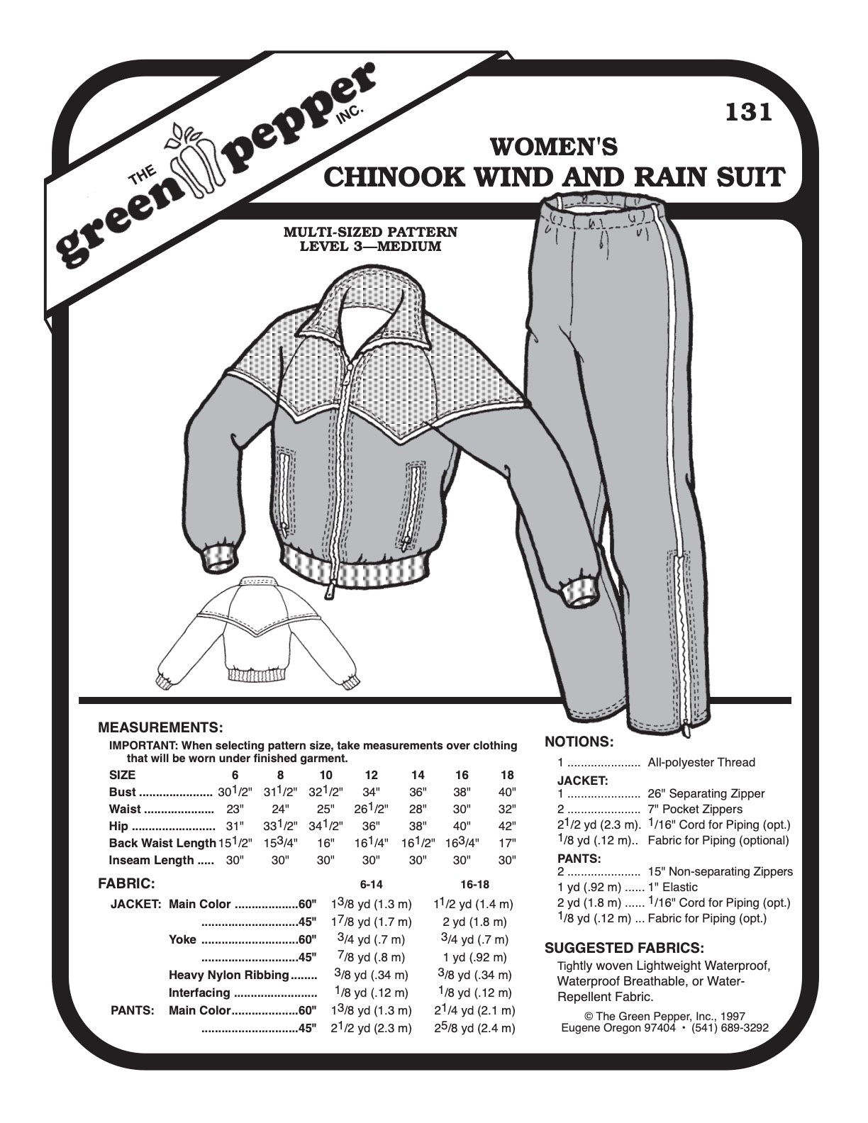 Women’s Chinook Wind & Rain Suit Pattern - 131 - The Green Pepper Patterns - Simplifi Fabric