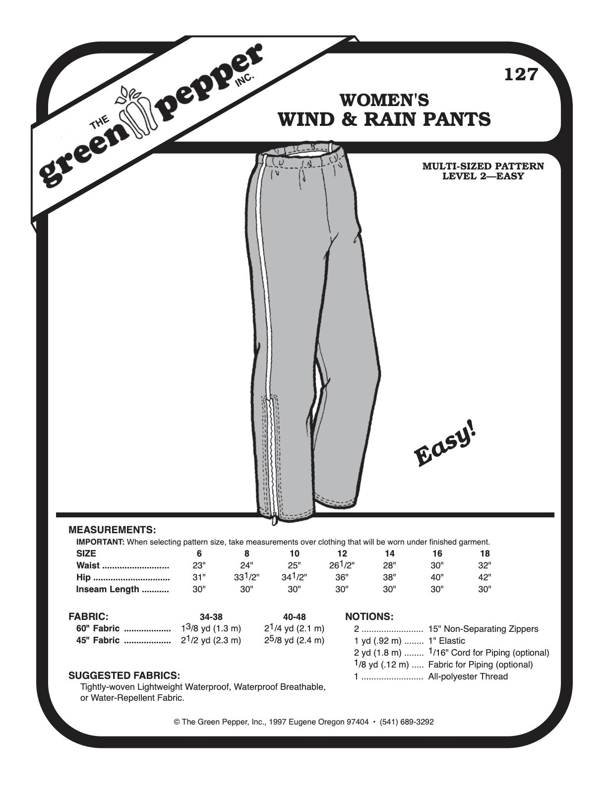 Women’s Wind & Rain Pants Pattern - 127 - The Green Pepper Patterns - Simplifi Fabric