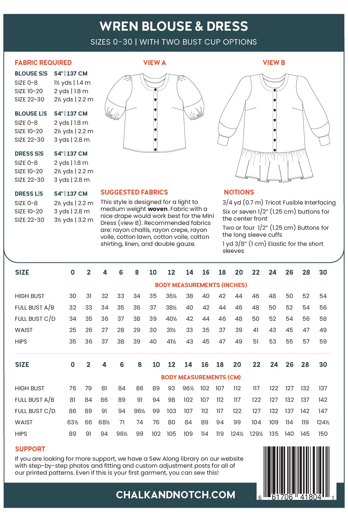 Wren Blouse/Mini - Dress Pattern - Chalk + Notch - Simplifi Fabric