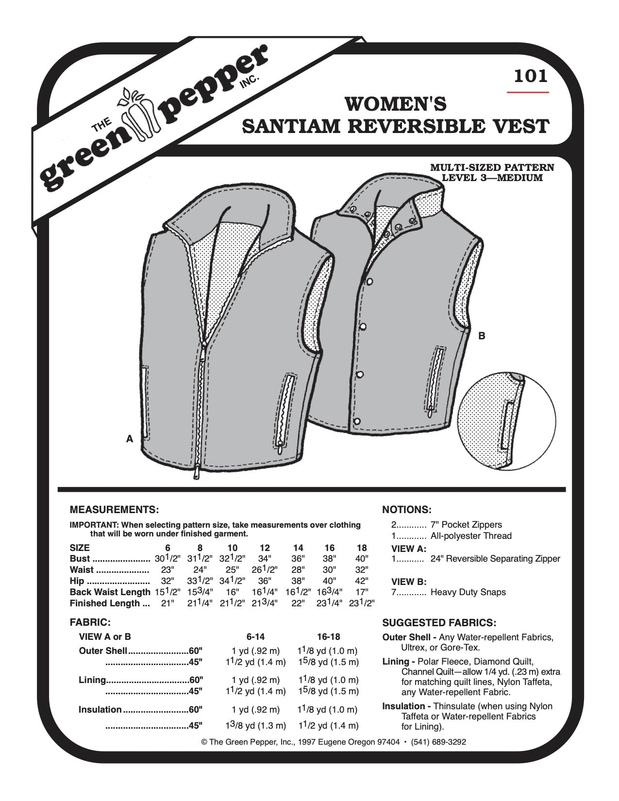 Women’s Santiam Reversible Vest Pattern - 101 - The Green Pepper Patterns